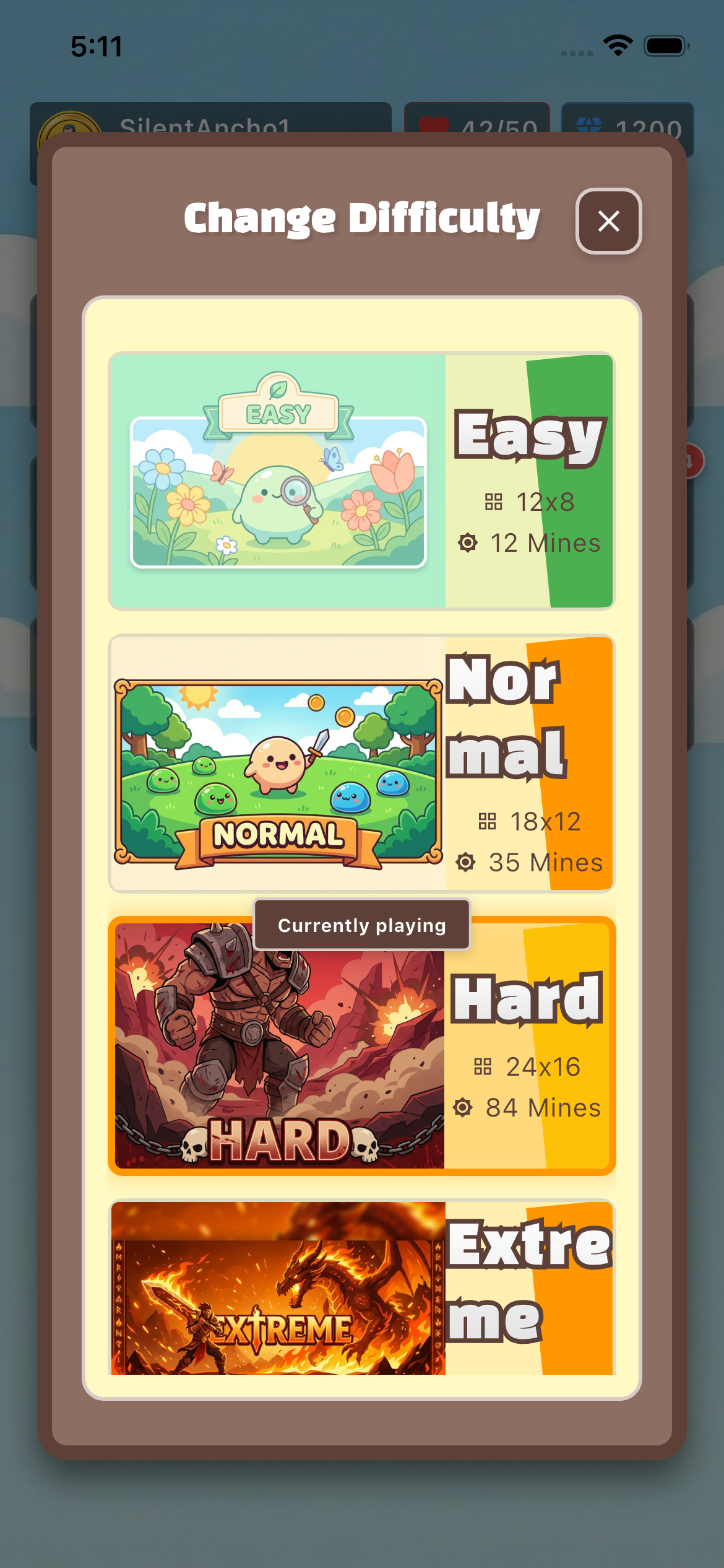 Difficulty selection modal